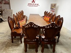 Bộ bàn ăn nguyên khối 4m và 16 ghế louis có tay (Anh Hưởng, Quảng Ninh) 13 bàn ăn nguyên khối gỗ gõ đỏ