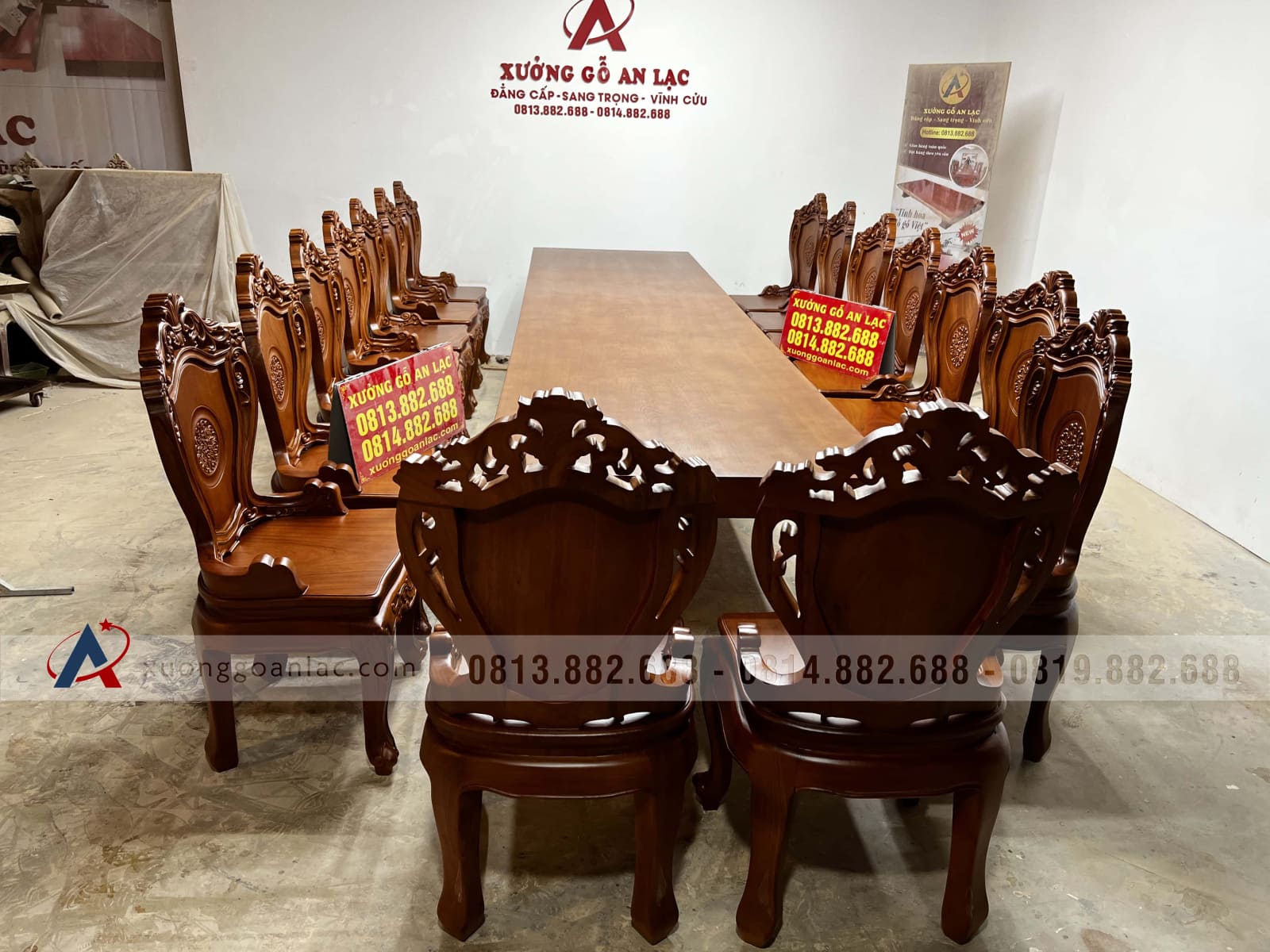 Bộ bàn ăn nguyên khối 4m và 16 ghế louis có tay (Anh Hưởng, Quảng Ninh) 27 bộ bàn ăn nguyên khối cao cấp