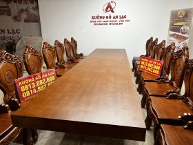 Bộ bàn ăn nguyên khối 4m và 16 ghế louis có tay (Anh Hưởng, Quảng Ninh) 15 bàn ăn gỗ gõ đỏ nguyên khối