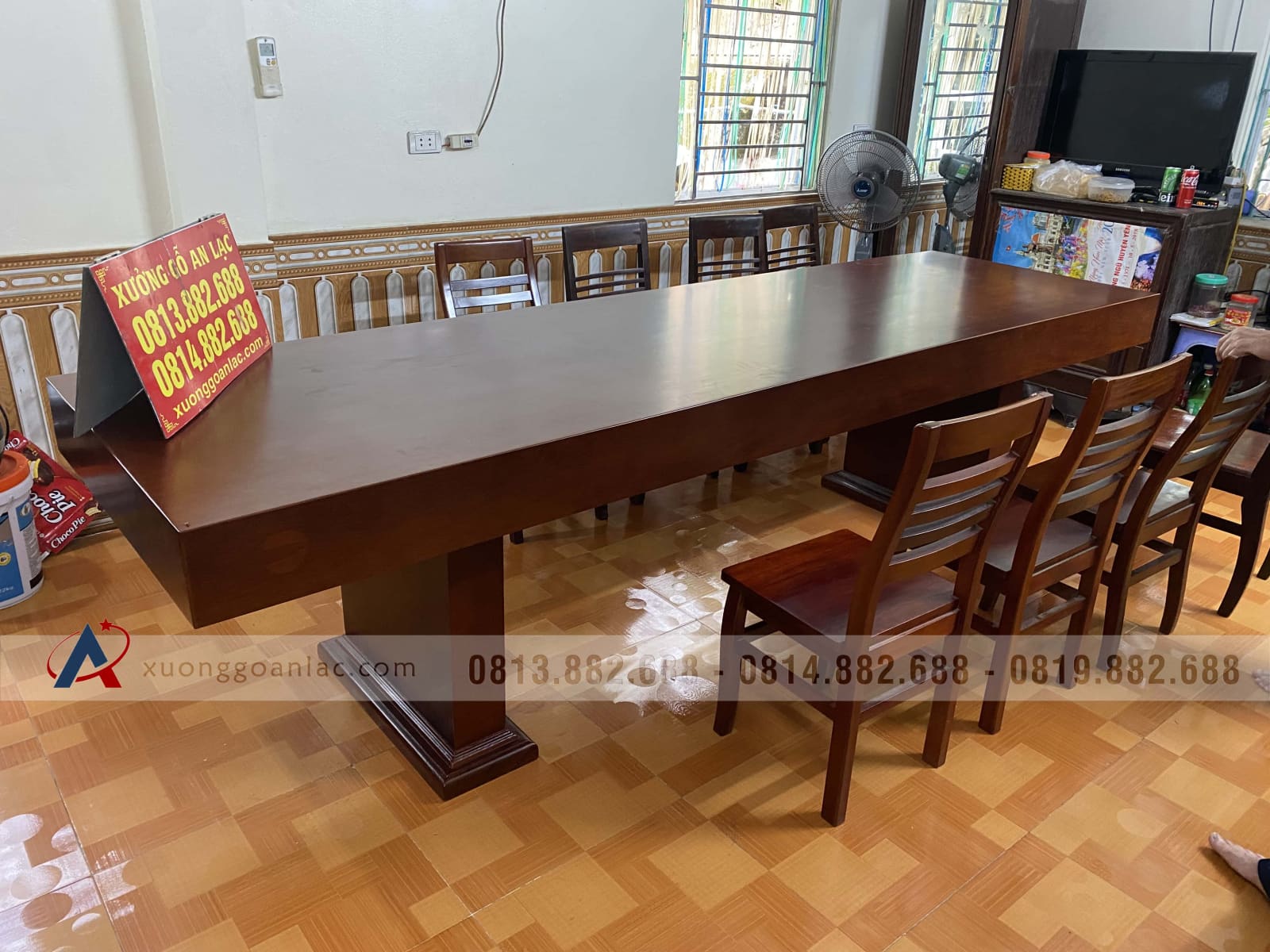 Bàn ăn nguyên khối gỗ gõ đỏ 300x90x15cm (Anh Thái, Hưng Yên) 13 bàn ăn nguyên khối gỗ gõ đỏ
