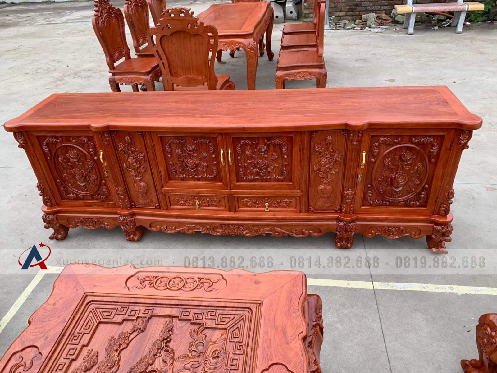 Combo nội thất phòng khách phòng ăn gỗ hương đá cao cấp (Anh Diễn, Ninh Bình) 20 kệ tivi gỗ hương đá