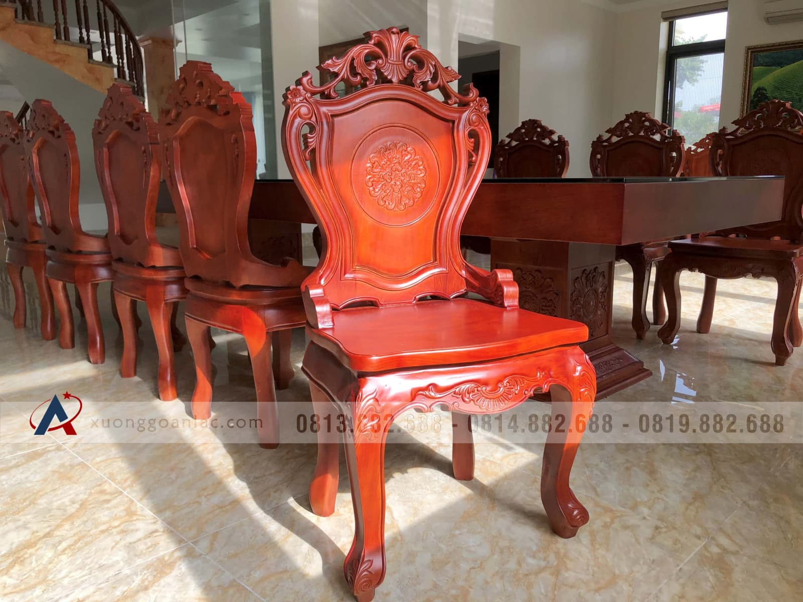Bàn giao 2 bộ bàn ăn nguyên khối 10 ghế louis có tay gỗ gõ đỏ (Bác Thành, Hà Nam) 47 bàn ghế ăn gỗ gõ đỏ nguyên khối