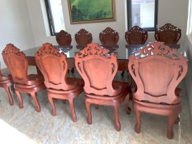 Bàn giao 2 bộ bàn ăn nguyên khối 10 ghế louis có tay gỗ gõ đỏ (Bác Thành, Hà Nam) 41 bàn ghế gỗ nguyên tấm gỗ gõ đỏ cao cấp