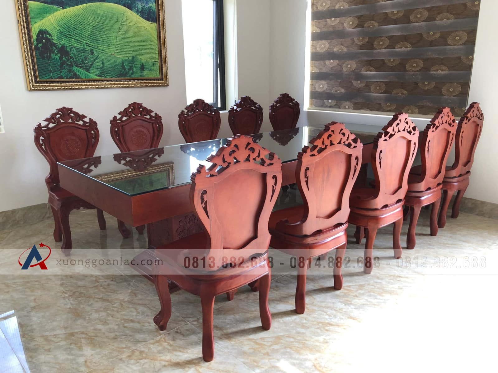 Bàn giao 2 bộ bàn ăn nguyên khối 10 ghế louis có tay gỗ gõ đỏ (Bác Thành, Hà Nam) 50 Bàn ghế gỗ gõ đỏ vip mặt bàn nguyên tấm