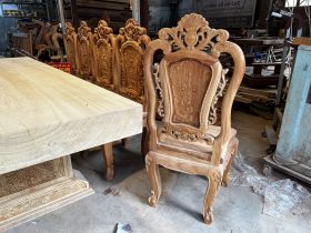 Nguyên mộc bộ bàn ăn 10 ghế bàn 300x100x15cm (Anh Bắc, Hải Dương) 28 ghế ăn cổ điển mẫu hồng hạt cao cấp