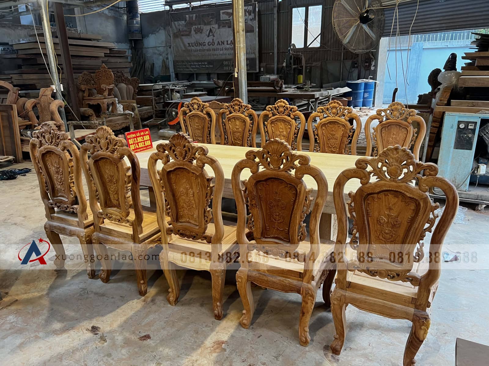 Nguyên mộc bộ bàn ăn 10 ghế bàn 300x100x15cm (Anh Bắc, Hải Dương) 44 bàn ăn 10 ghế gỗ gõ đỏ cao cấp