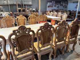 Nguyên mộc bộ bàn ăn 10 ghế bàn 300x100x15cm (Anh Bắc, Hải Dương) 20 Ban an 10 ghe ban 300x100x15cm 3