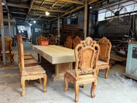 Bàn ăn nguyên khối 12 ghế hồng hạt cao cấp gỗ gõ đỏ