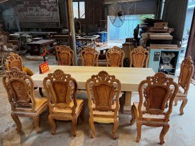 Bộ bàn ăn nguyên khối 10 ghế hồng hạt cao cấp gỗ gõ đỏ (Anh Hiếu, Hà Nội) 12 bàn ăn 12 ghế gỗ gõ đỏ cao cấp