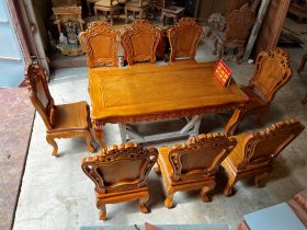 Bàn ăn Gõ Đỏ Hoàng Gia 8 louis hoa lá tâyghế