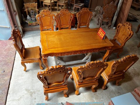 Bàn ăn Gõ Đỏ Hoàng Gia 8 louis hoa lá tâyghế