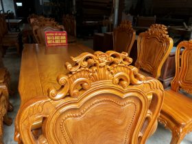Bộ bàn ăn gỗ gõ đỏ 8 ghế louis hoa lá tây đục hai mặt (Chị Quyên, Hà Nội) 25 ghế ăn gỗ gõ đỏ cao cấp