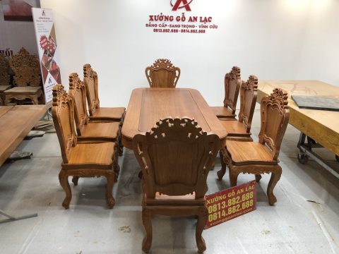 Bộ bàn ăn chữ nhật cua góc 8 ghế louis gỗ gõ đỏ (Chị Huyền, Hà Nội)