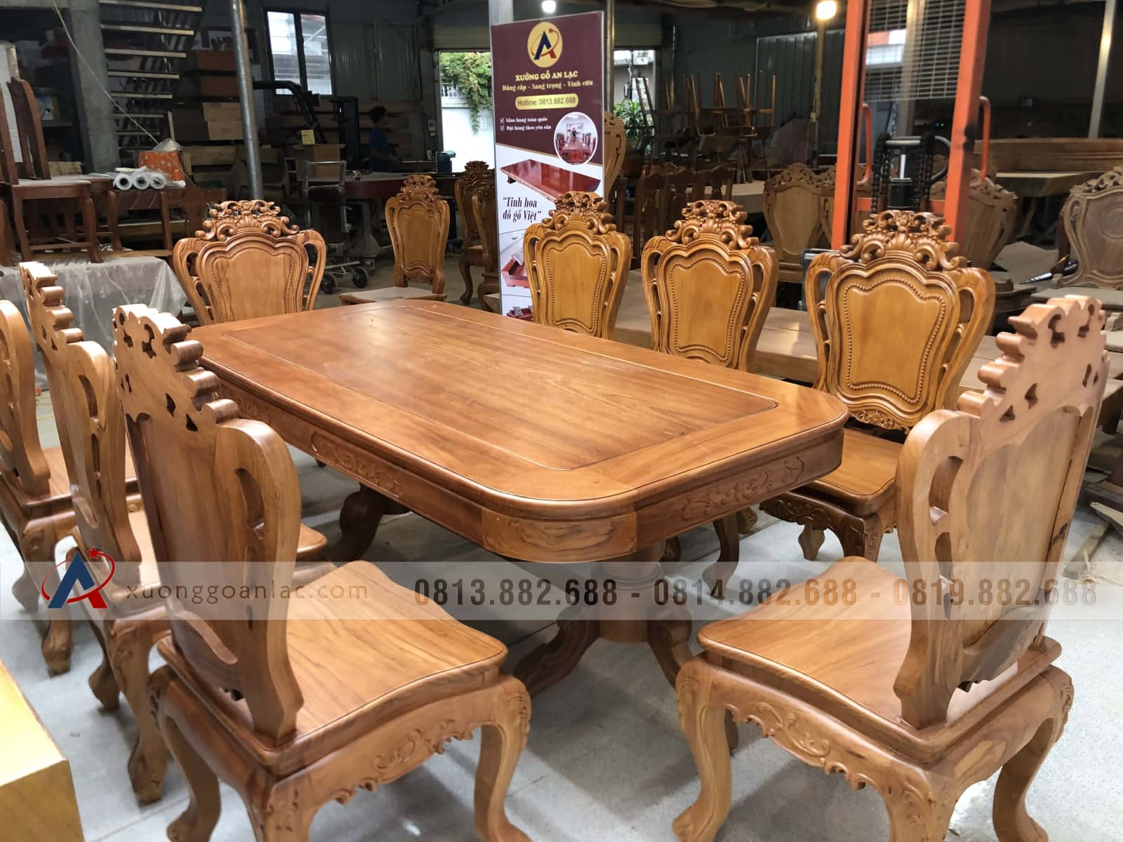 Bộ bàn ăn chữ nhật cua góc 8 ghế louis gỗ gõ đỏ (Chị Huyền, Hà Nội) 25 Bàn ăn gõ đỏ 8 ghế louis