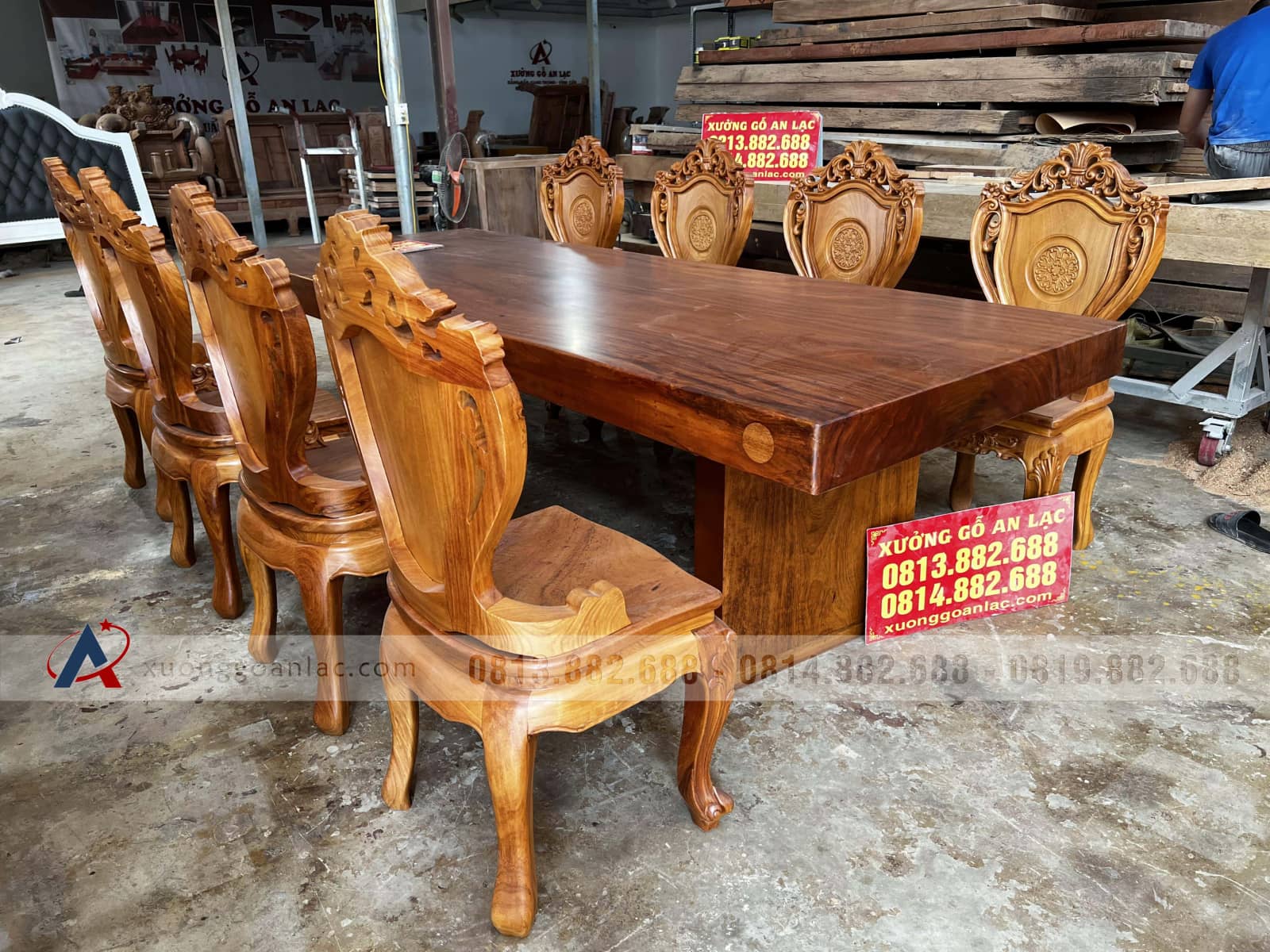 Bộ bàn ăn gõ đỏ 8 ghế louis có tay (Anh Toản, Hải Dương) 14 bàn ăn gỗ gõ đỏ 8 ghế