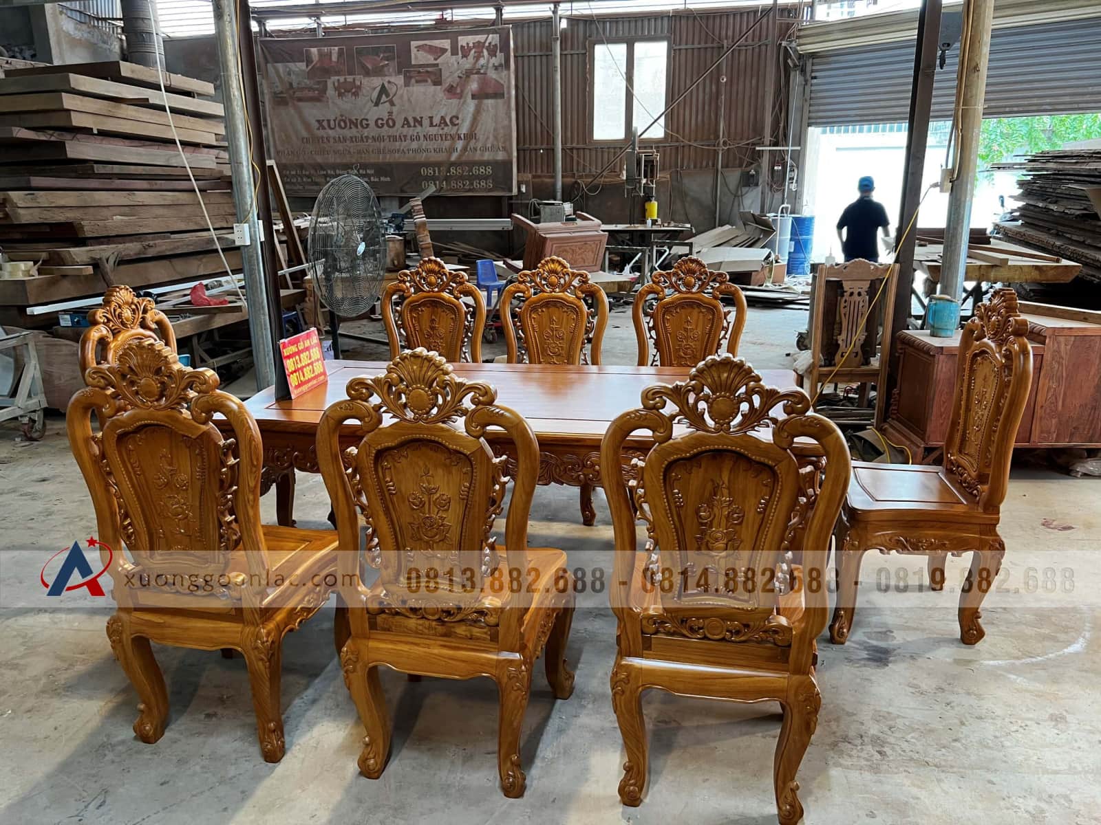 Bộ bàn ăn hoàng gia 200x100cm 8 ghế hồng hạt vip (Anh Dũng, Khánh Hòa) 30 bàn ăn 8 ghế gỗ gõ đỏ cao cấp