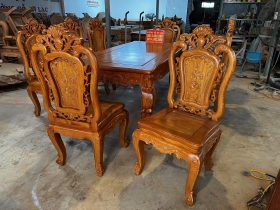 Bộ bàn ăn hoàng gia 200x100cm 8 ghế hồng hạt vip (Anh Dũng, Khánh Hòa) 20 ghế ăn gỗ gõ đỏ đẹp mẫu hồng hạt