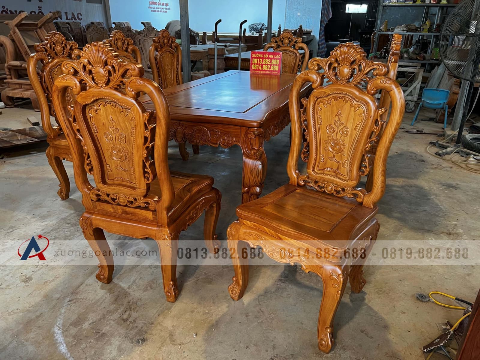 Bộ bàn ăn hoàng gia 200x100cm 8 ghế hồng hạt vip (Anh Dũng, Khánh Hòa) 31 ghế ăn gỗ gõ đỏ đẹp mẫu hồng hạt