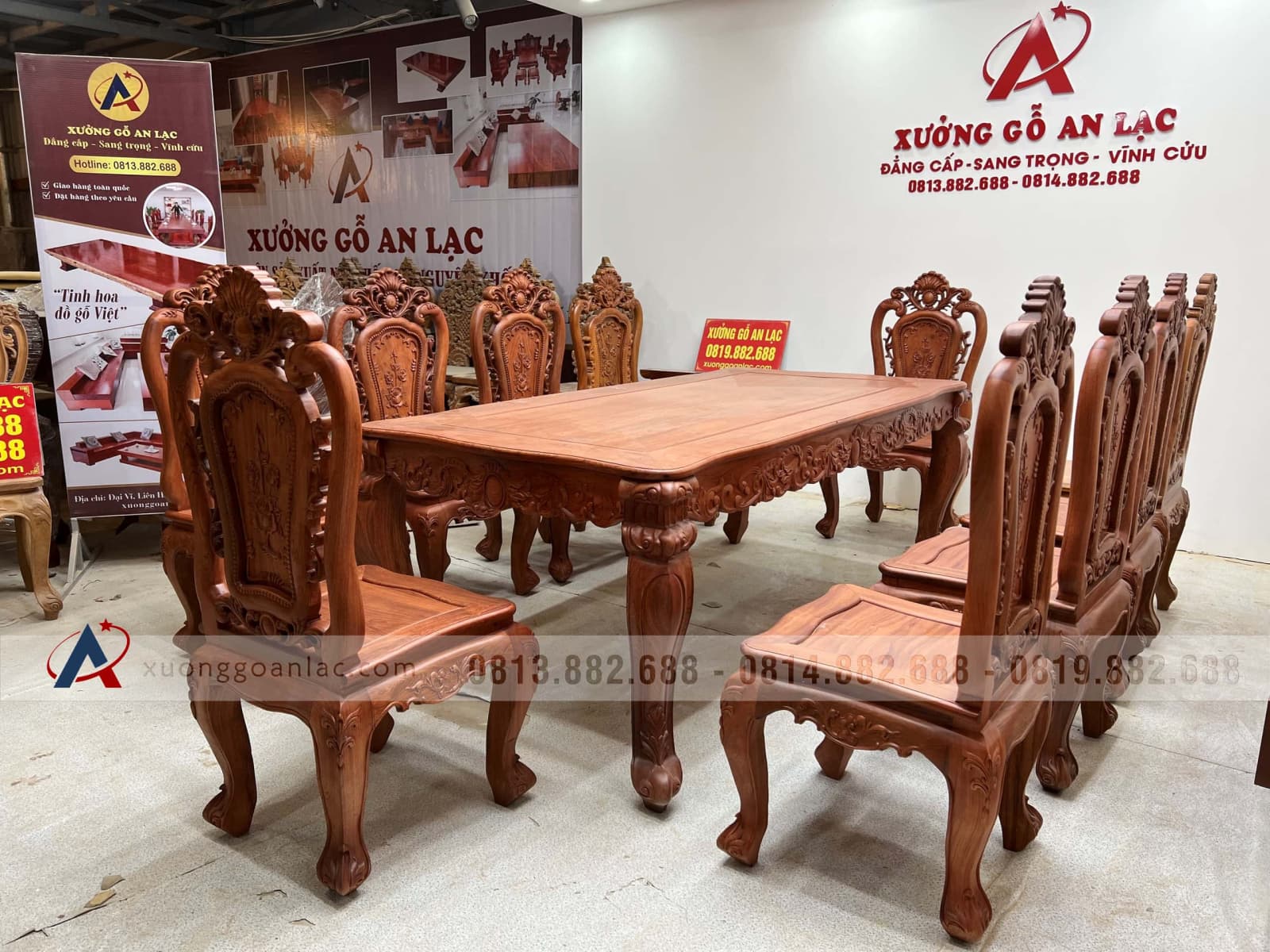 Bộ bàn ăn hoàng gia 10 ghế hồng hạt gỗ hương đá (Bác Lân, Hà Giang) 12 Bộ bàn ăn hoàng gia 10 ghế hồng hạt gỗ hương đá (Bác Lân, Hà Giang) - Ảnh 12