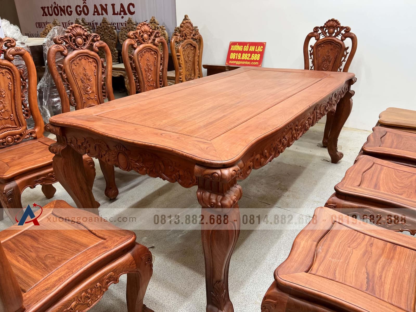 Bộ bàn ăn hoàng gia 10 ghế hồng hạt gỗ hương đá (Bác Lân, Hà Giang) 53 bàn ăn gỗ hương đá