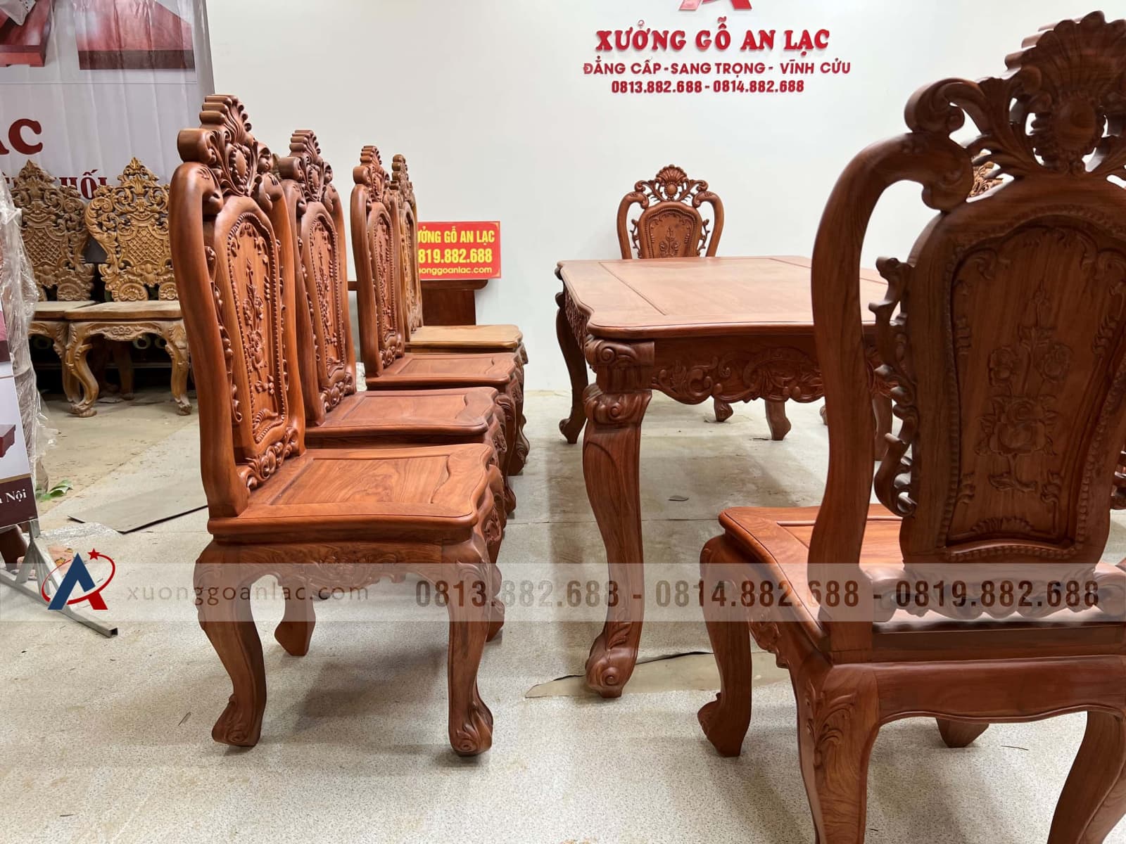 Bộ bàn ăn hoàng gia 10 ghế hồng hạt gỗ hương đá (Bác Lân, Hà Giang) 16 bàn ghế ăn hoàng gia