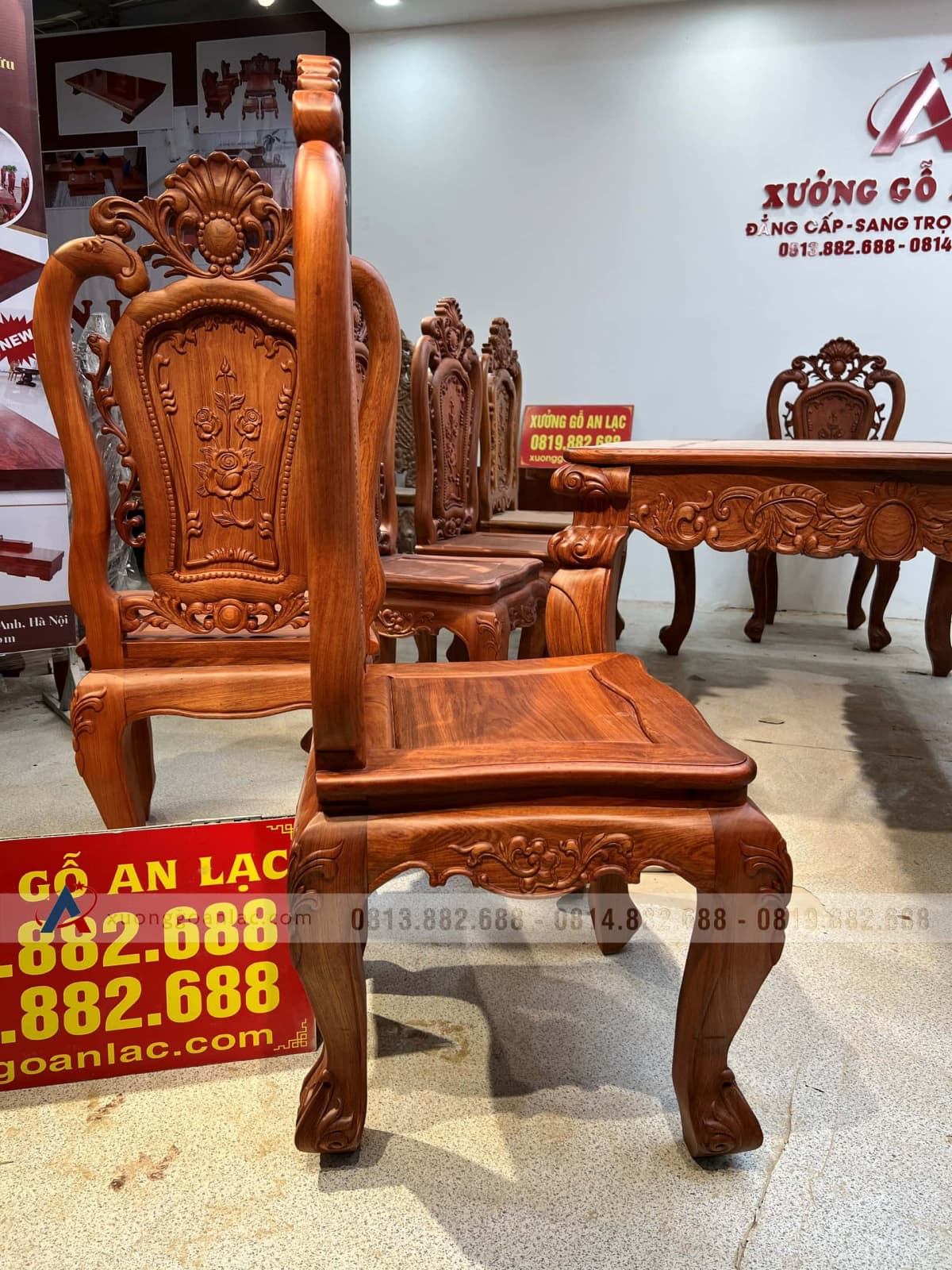 Bộ bàn ăn hoàng gia 10 ghế hồng hạt gỗ hương đá (Bác Lân, Hà Giang) 18 mẫu ghế louis lưng cao