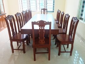 Bộ bàn ăn nguyên khối 12 ghế cây đàn gỗ gõ đỏ (Chú Danh, Hưng Yên) 13 bàn ghế cao cấp gỗ gõ đỏ nguyên khối