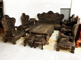Bàn ghế Cửu Long Bát Mã 10 món gỗ mun hoa Lào
