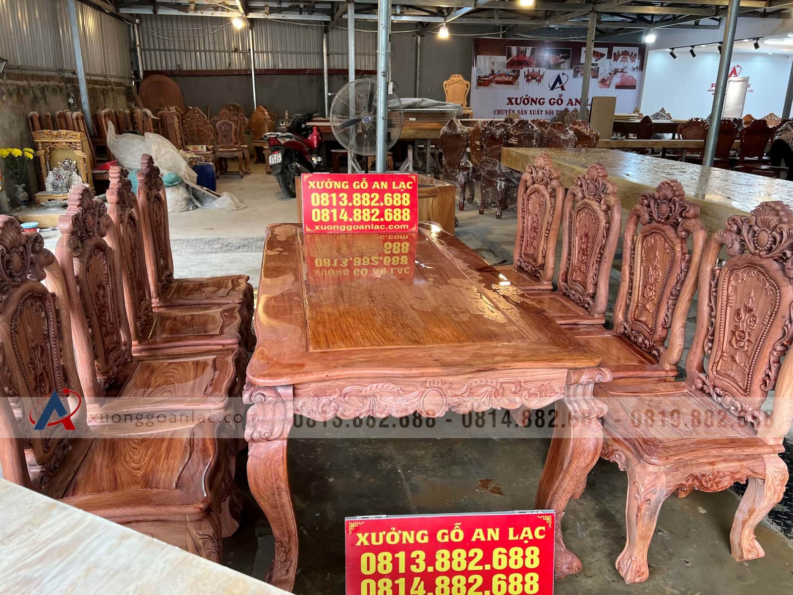 Bộ bàn ăn hoàng gia 8 ghế hồng hạt gỗ hương đá (Bác Vì, Ninh Bình) 30 bộ bàn ăn 8 ghế gỗ hương đá tự nhiên