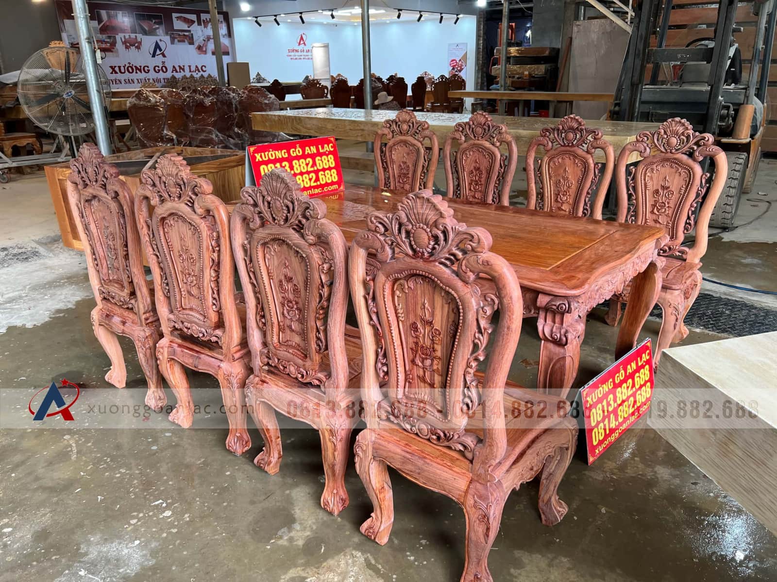 Bộ bàn ăn hoàng gia 8 ghế hồng hạt gỗ hương đá (Bác Vì, Ninh Bình) 29 bộ bàn ghế ăn cao cấp gỗ hương đá tự nhiên
