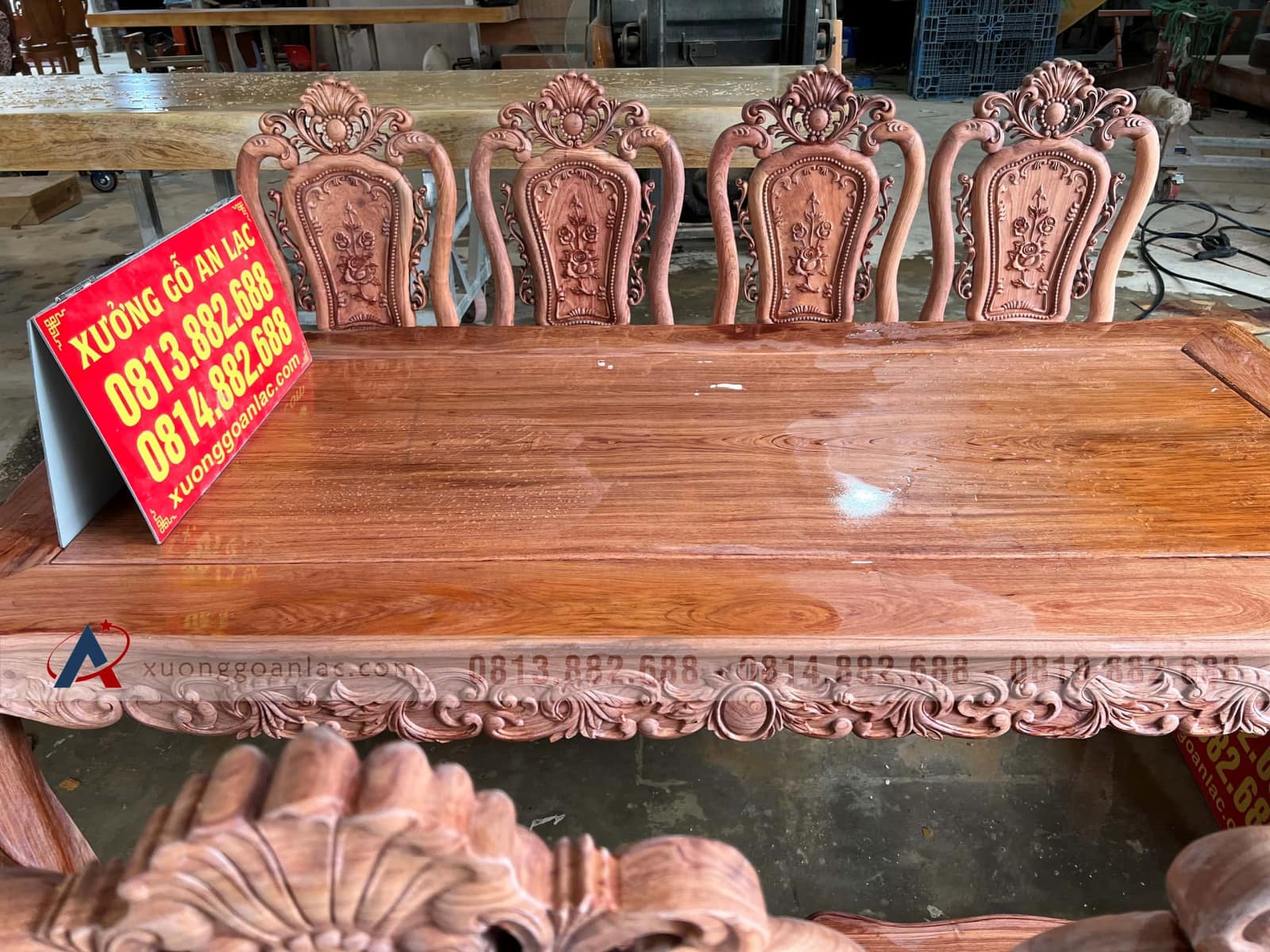 Bộ bàn ăn hoàng gia 8 ghế hồng hạt gỗ hương đá (Bác Vì, Ninh Bình) 27 bàn ăn chữ nhật gỗ hương đá Nam Phi