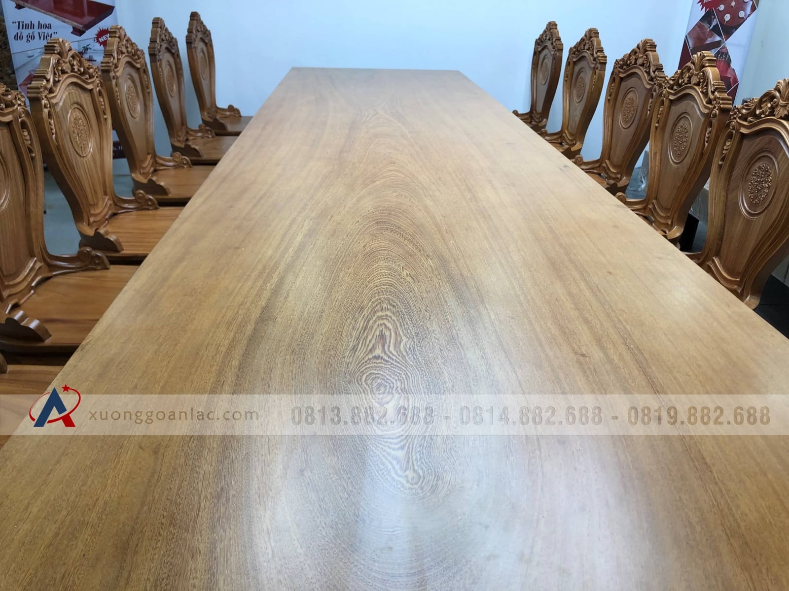 Bộ bàn ăn nguyên khối 14 ghế louis gỗ gõ đỏ cao cấp (Anh Tư, Hồ Chí Minh) 27 bàn gỗ nguyên tấm gỗ gõ đỏ dày 10cm