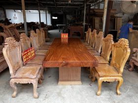 Bộ bàn ăn nguyên khối 10 ghế lá tây mộc