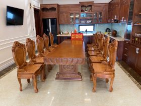 Bộ bàn ăn nguyên khối gỗ gõ đỏ