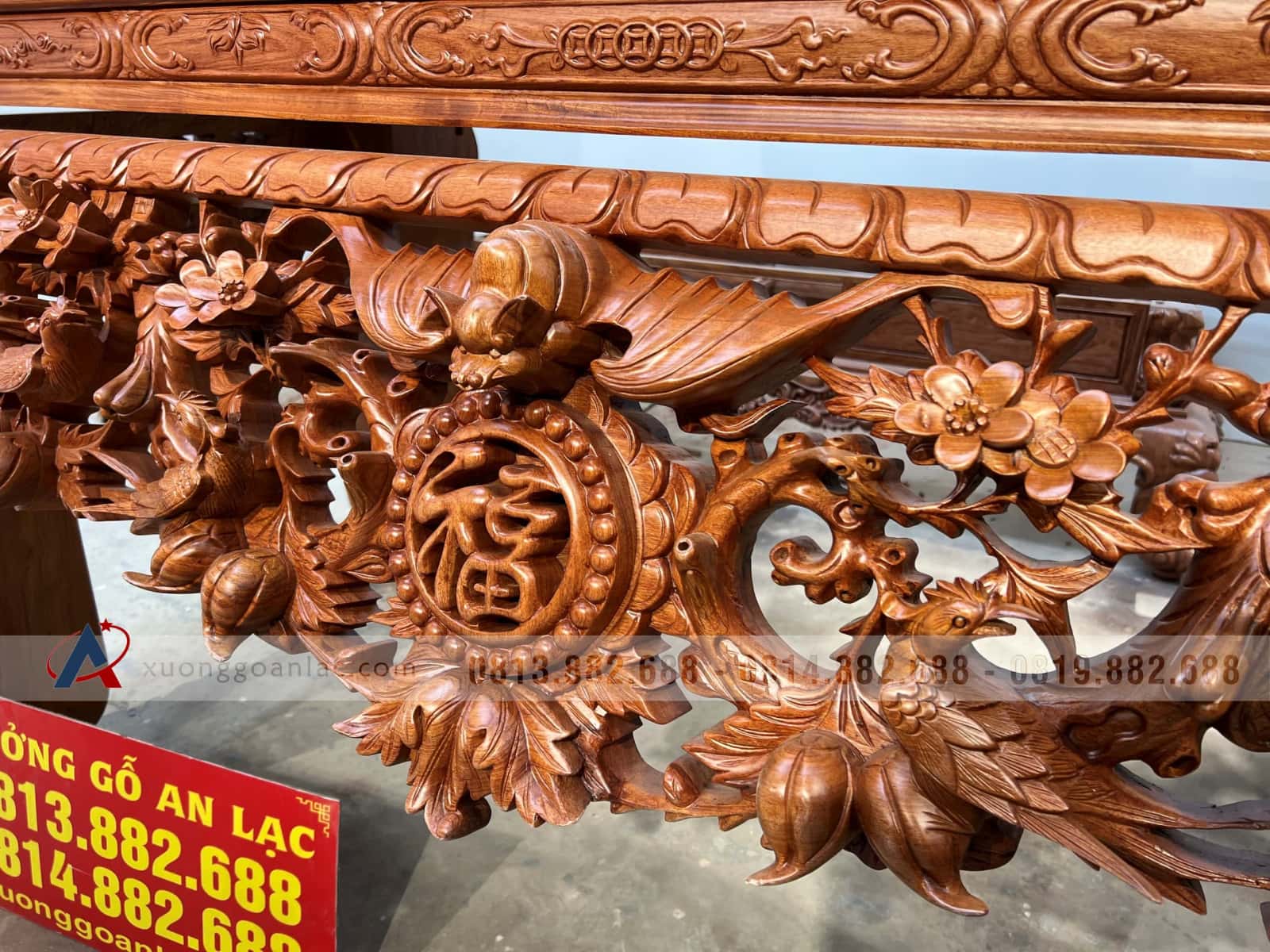 Sập thờ Mai Điểu chân 24 - 217x107x127cm (Bác Tư - Sài Gòn) 3 sập thờ mai điểu gỗ gõ đỏ cao cấp dạ liền tấm đục tay