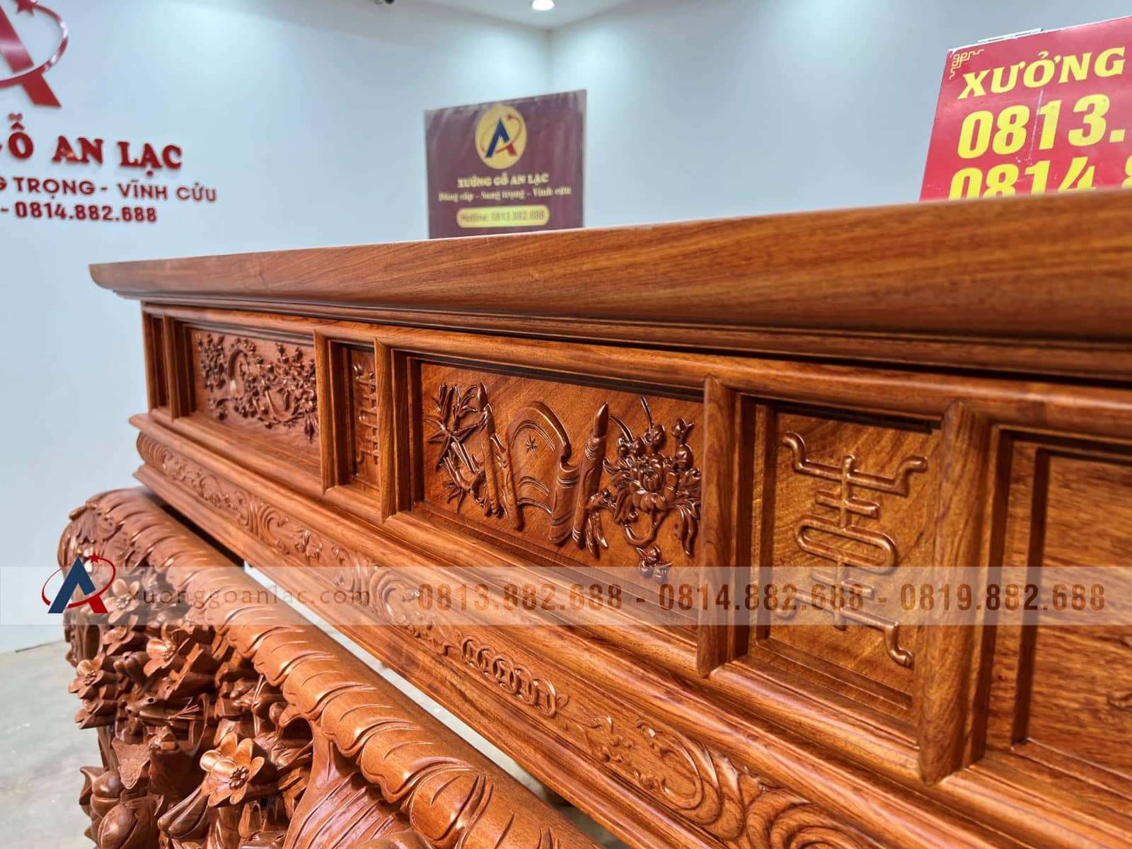 Sập thờ Mai Điểu chân 24 - 217x107x127cm (Bác Tư - Sài Gòn) 53 sập thờ gỗ gõ đỏ cao cấp mẫu mai điểu đục tay