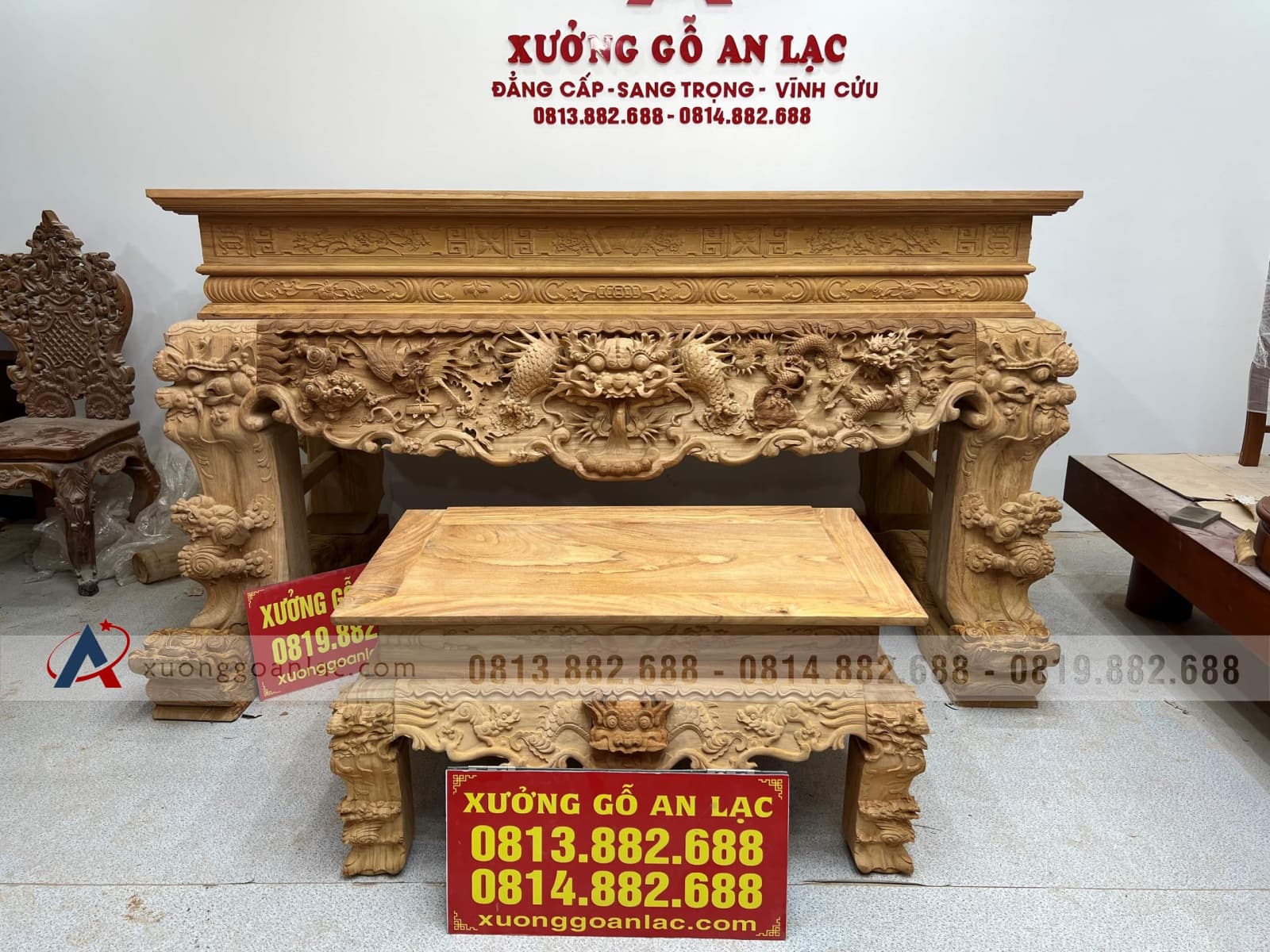 Nguyên mộc sập thờ Tứ Linh chân 25 gỗ Gõ Đỏ 217x107x127cm giao Hải Dương 52 Sập thờ tứ linh gỗ Gõ Đỏ 217x17x127cm