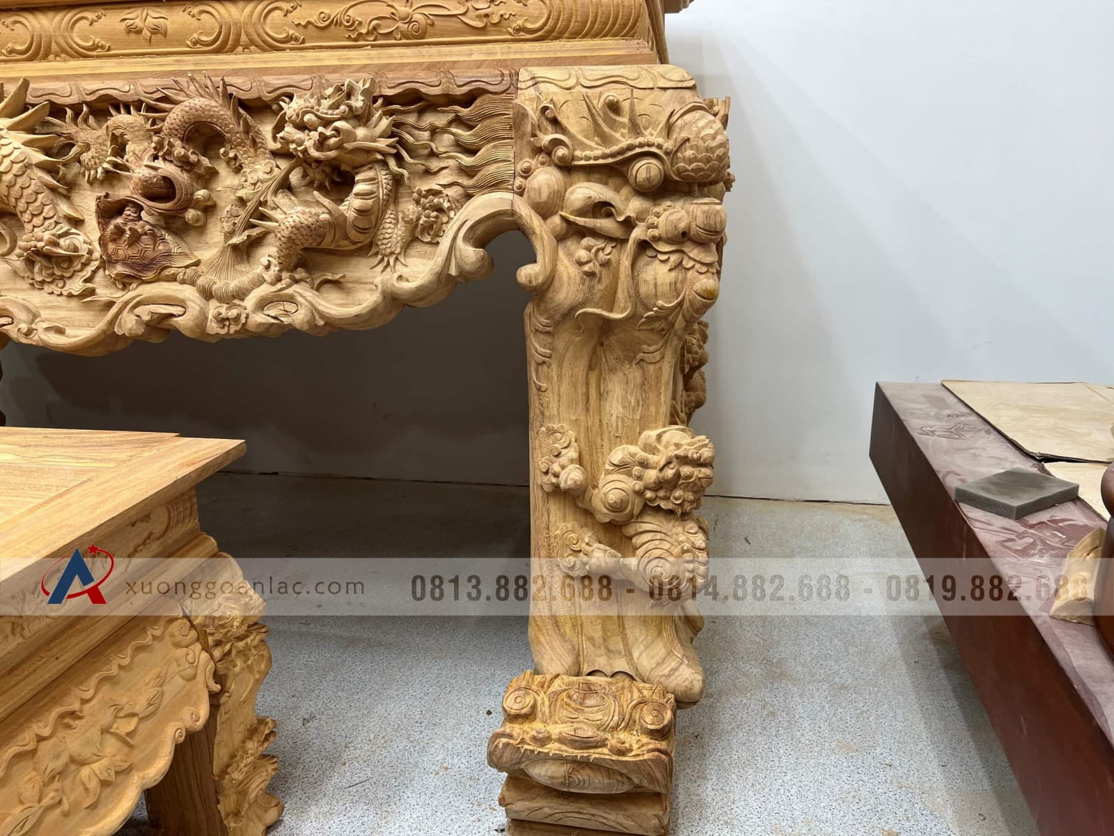 Nguyên mộc sập thờ Tứ Linh chân 25 gỗ Gõ Đỏ 217x107x127cm giao Hải Dương 57 sập thờ gỗ gõ đỏ cao cấp mẫu đục tứ linh