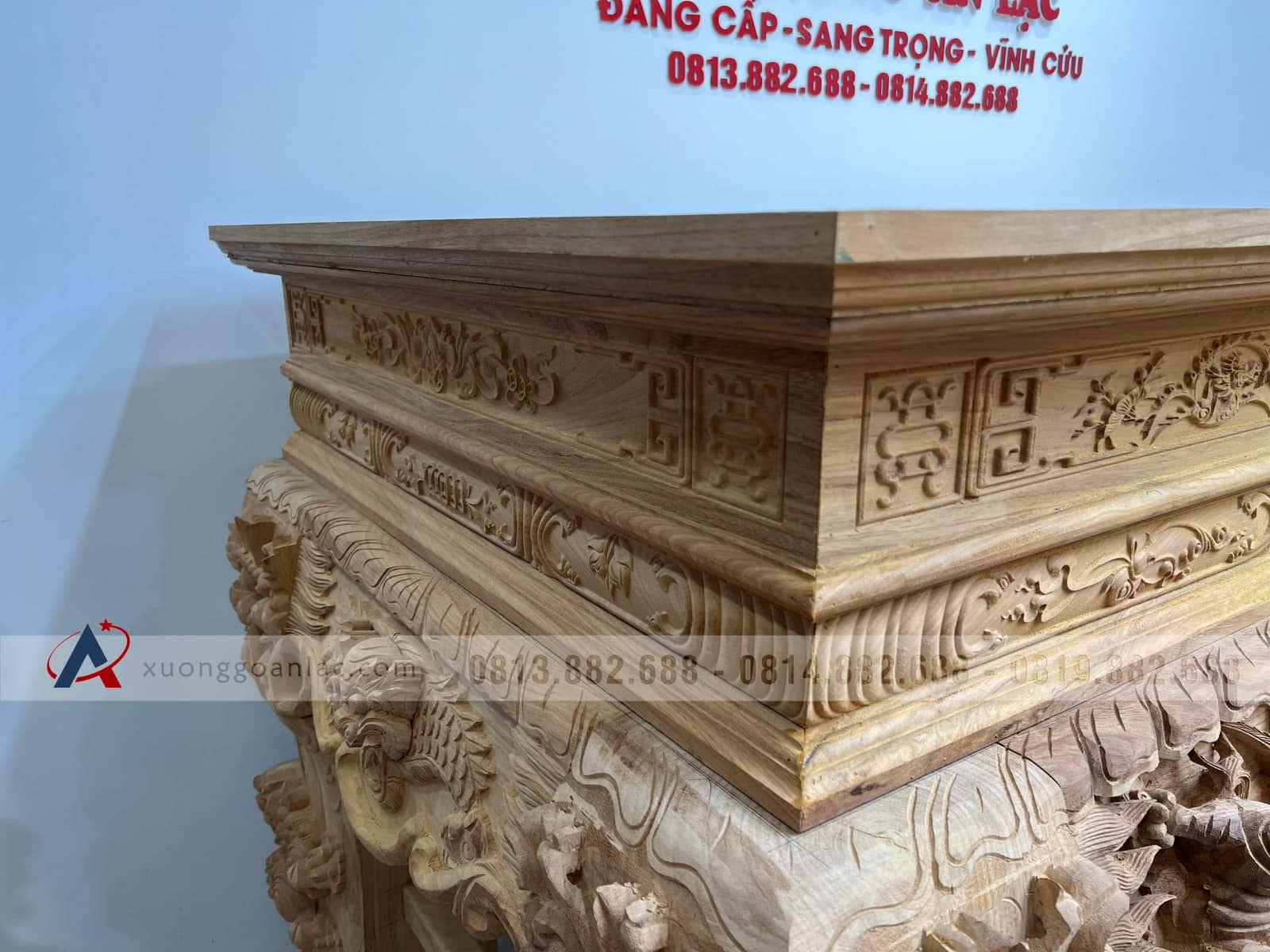 Nguyên mộc sập thờ Tứ Linh chân 25 gỗ Gõ Đỏ 217x107x127cm giao Hải Dương 5 Nguyên mộc sập thờ Tứ Linh chân 25 gỗ Gõ Đỏ 217x107x127cm giao Hải Dương - Ảnh 5