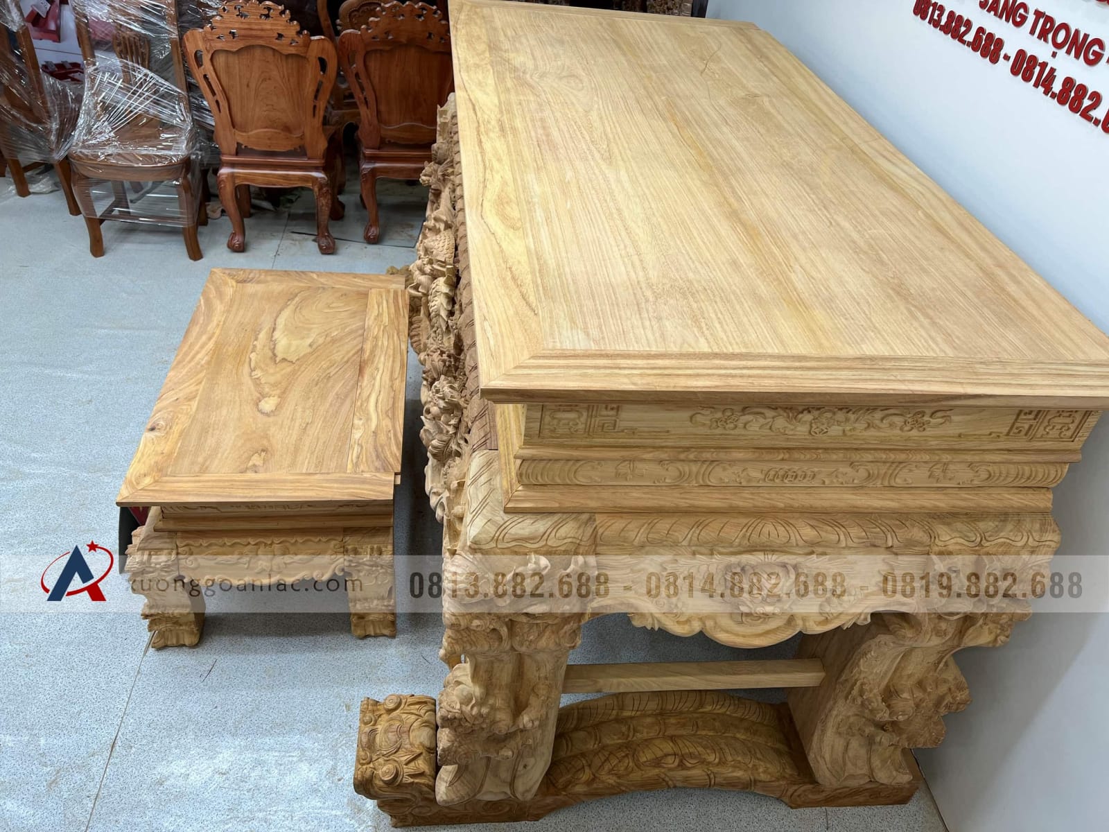 Nguyên mộc sập thờ Tứ Linh chân 25 gỗ Gõ Đỏ 217x107x127cm giao Hải Dương 24 Nguyên mộc sập thờ Tứ Linh chân 25 gỗ Gõ Đỏ 217x107x127cm giao Hải Dương - Ảnh 24