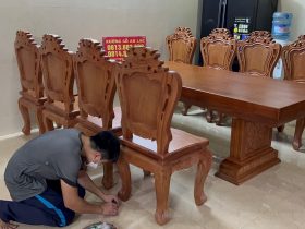Bộ bàn ăn nguyên khối và 10 ghế louis hoa lá tây (Anh Vũ, Đông Anh, Hà Nội) 69 bàn ghế ăn ,ẫu louis hoàng gia cao cấp gỗ gõ đỏ tự nhiên