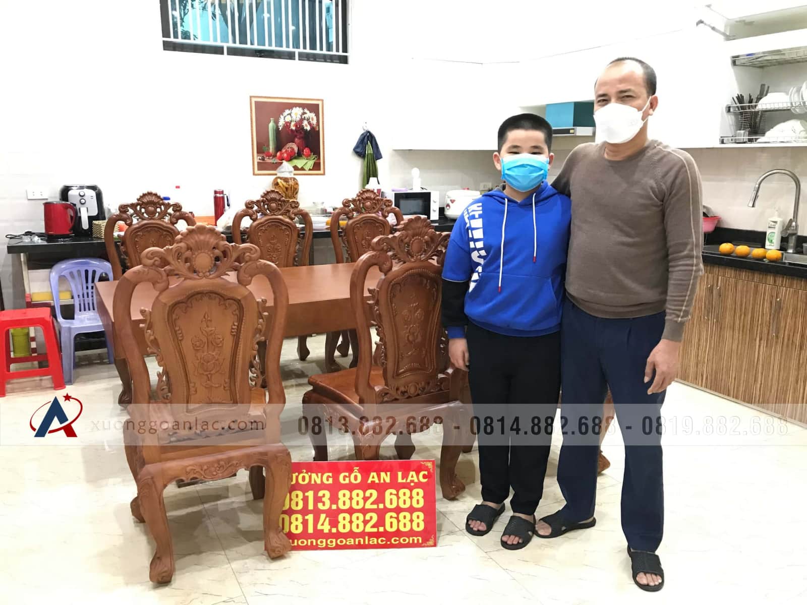 Bộ bàn ăn nguyên khối 6 ghế hồng hạt gỗ gõ đỏ (Bác Giang, Thanh Hóa) 10 Bộ bàn ăn nguyên khối 6 ghế hồng hạt gỗ gõ đỏ tự nhiên