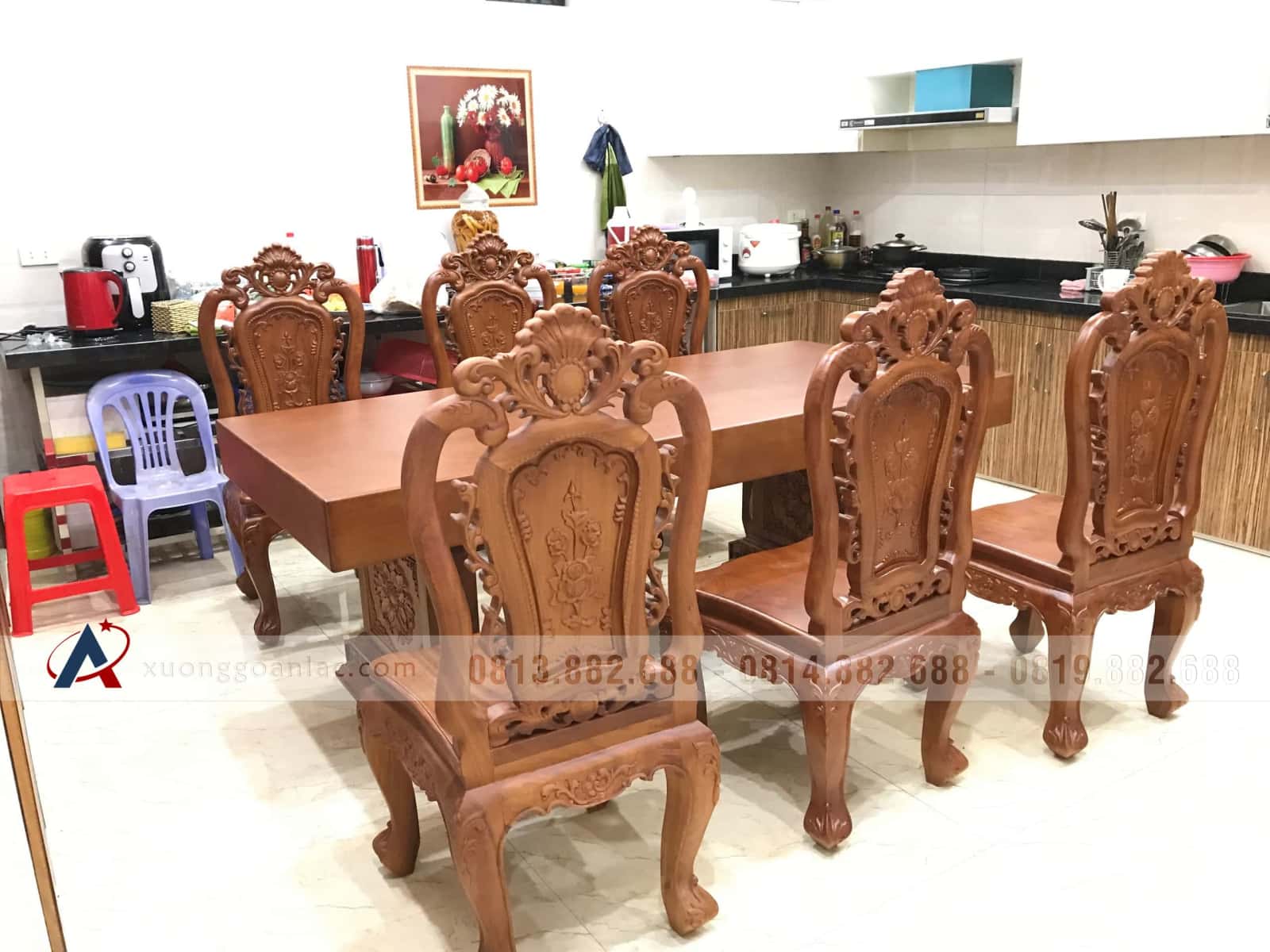 Bộ bàn ăn nguyên khối 6 ghế hồng hạt gỗ gõ đỏ (Bác Giang, Thanh Hóa) 13 bộ bàn ăn 6 ghế gỗ gõ đỏ cao cấp
