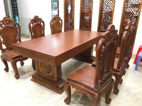 Bộ bàn ăn nguyên khối 6 ghế hồng hạt gỗ gõ đỏ