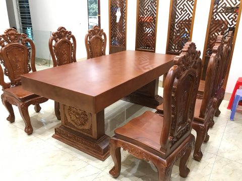 Bộ bàn ăn nguyên khối 6 ghế hồng hạt gỗ gõ đỏ