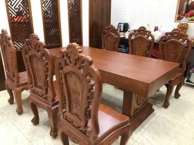 Bộ bàn ăn nguyên khối 6 ghế hồng hạt gỗ gõ đỏ (Bác Giang, Thanh Hóa) 9 bàn ăn gỗ nguyên khối cao cấp