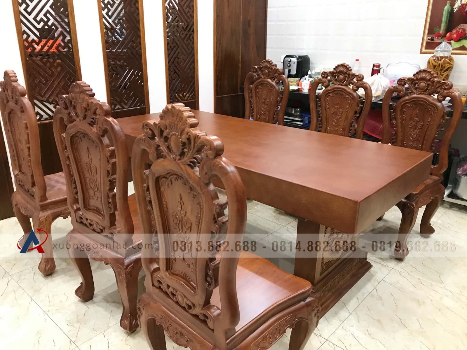 Bộ bàn ăn nguyên khối 6 ghế hồng hạt gỗ gõ đỏ (Bác Giang, Thanh Hóa) 12 bàn ăn gỗ nguyên khối cao cấp