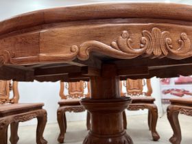 Bộ bàn ăn tròn gỗ hương đá 8 ghế louis hồng hạt (Bác Lai, Hà Nội) 30 yếm bàn vén lượn hoa lá tây