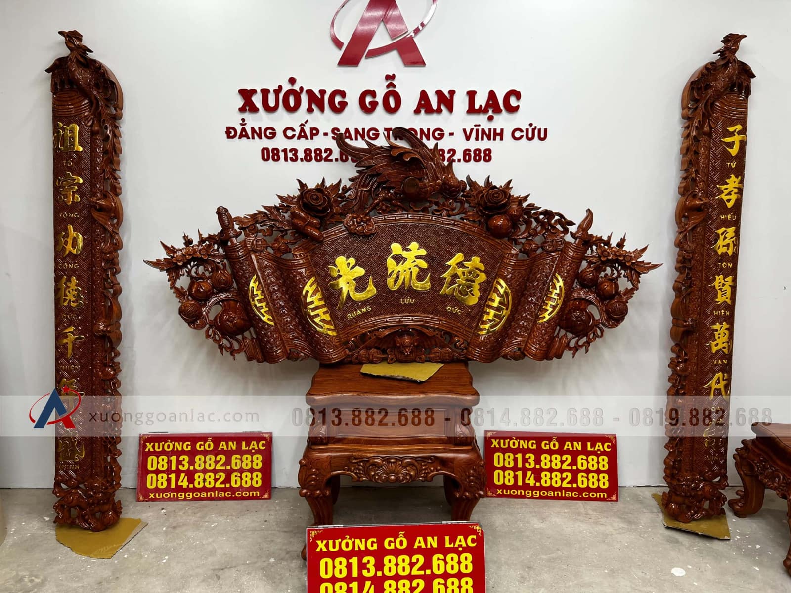 Bộ cuốn thư câu đối gỗ hương đá (bác Lâm - Thạch Thất, Hà Nội) 68 cuốn thư câu đối gỗ hương đá cao cấp của xưởng gỗ an lạc