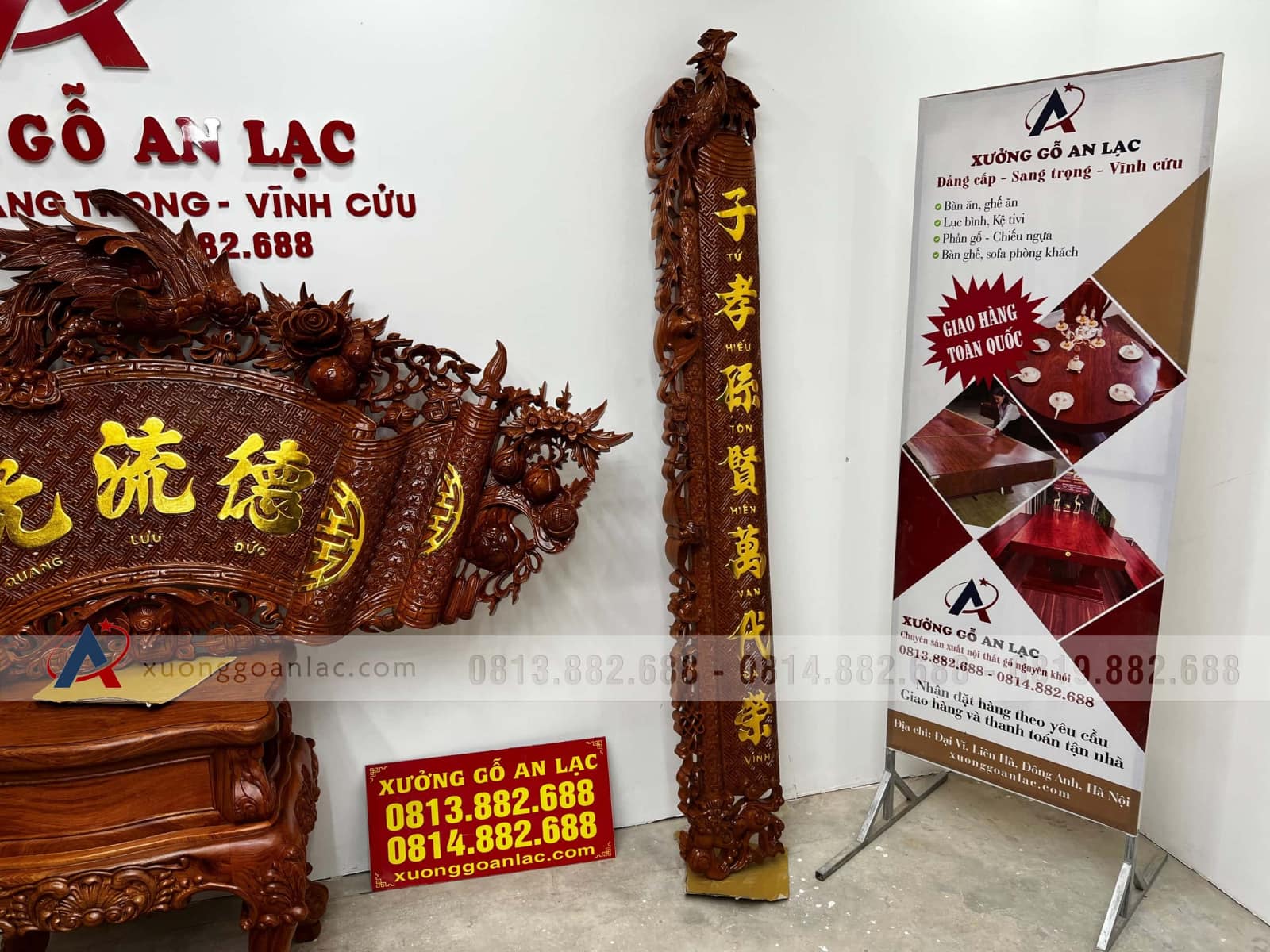 Bộ cuốn thư câu đối gỗ hương đá (bác Lâm - Thạch Thất, Hà Nội) 4 câu đối đục tay kênh bong gỗ hương đá nam phi cao cấp